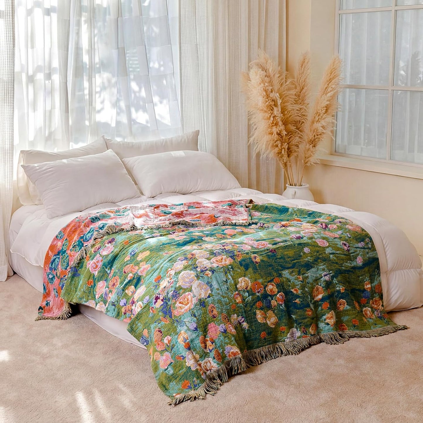Boho Throw Blanket - 100% Cotton Soft Summer Throw Blanket for Bed, 50"x60" Reversible Breathable Lightweight Blankets, All Seasons Farmhouse Decor Floral Plant Butterfly Throw Quilt