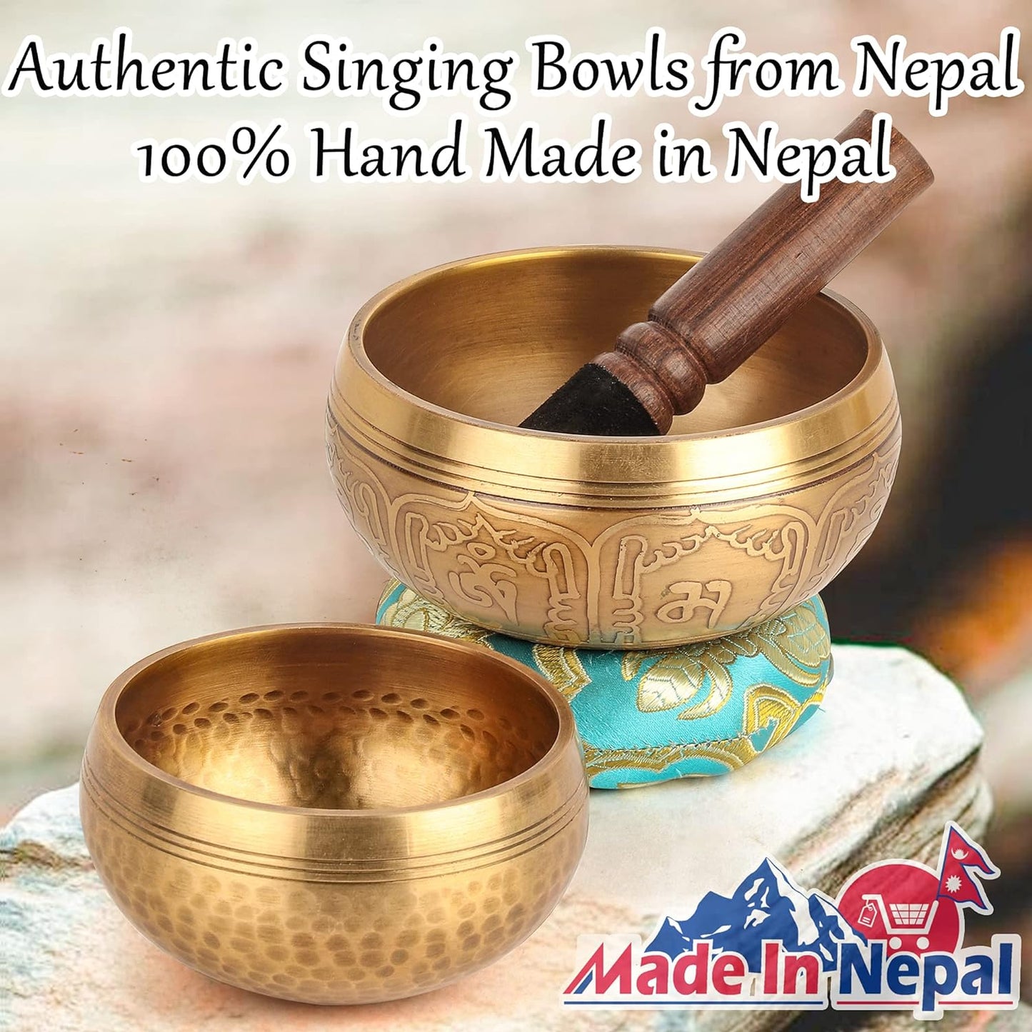 Relaehih 2-Pack Tibetan Singing Bowls Set - 100% Handmade in Nepal, Sound Bowl Meditation Set for Yoga, Chakra Healing, Meditation Gifts, Unique Gifts for Women (Blue, 3.15 + 4 inch)