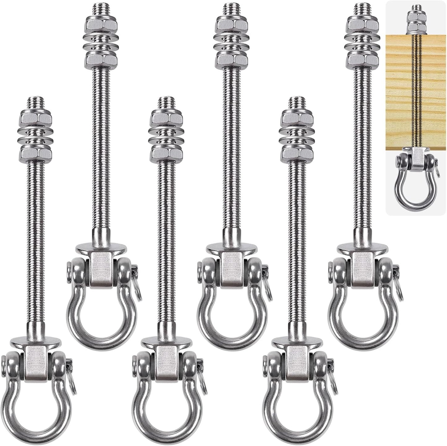 SELEWARE Heavy Duty 180° Swing Hangers, Stainless Steel Eye Screw Bracket, 1800 LB Capacity Playground Yoga Hammock Rope Tire Web Chair Sandbag Punching Bag Porch Swing Sets (6 Pack)