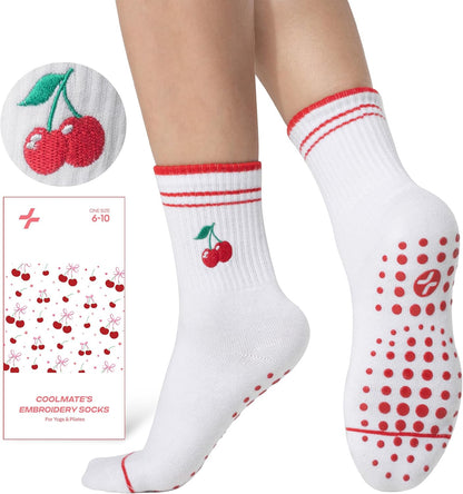 COOLMATE Pilates Socks with Grips for Women, Yoga Socks, Crew Non Slip Women for Barre, Pilates Gifts for Women - Colors A