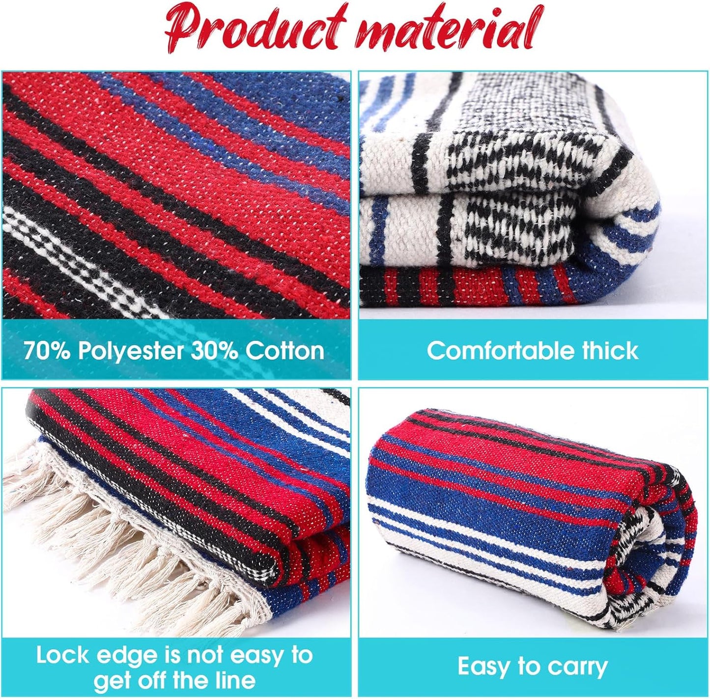Oudain Mexican Blanket Woven Authentic Cotton Falsa Throw 45 x 70 Inch – Authentic Baja Serape Saddle Blanket Outdoor for Restorative Yoga, Beach, Picnic, Couch, Car Travel(Coastal Calm)
