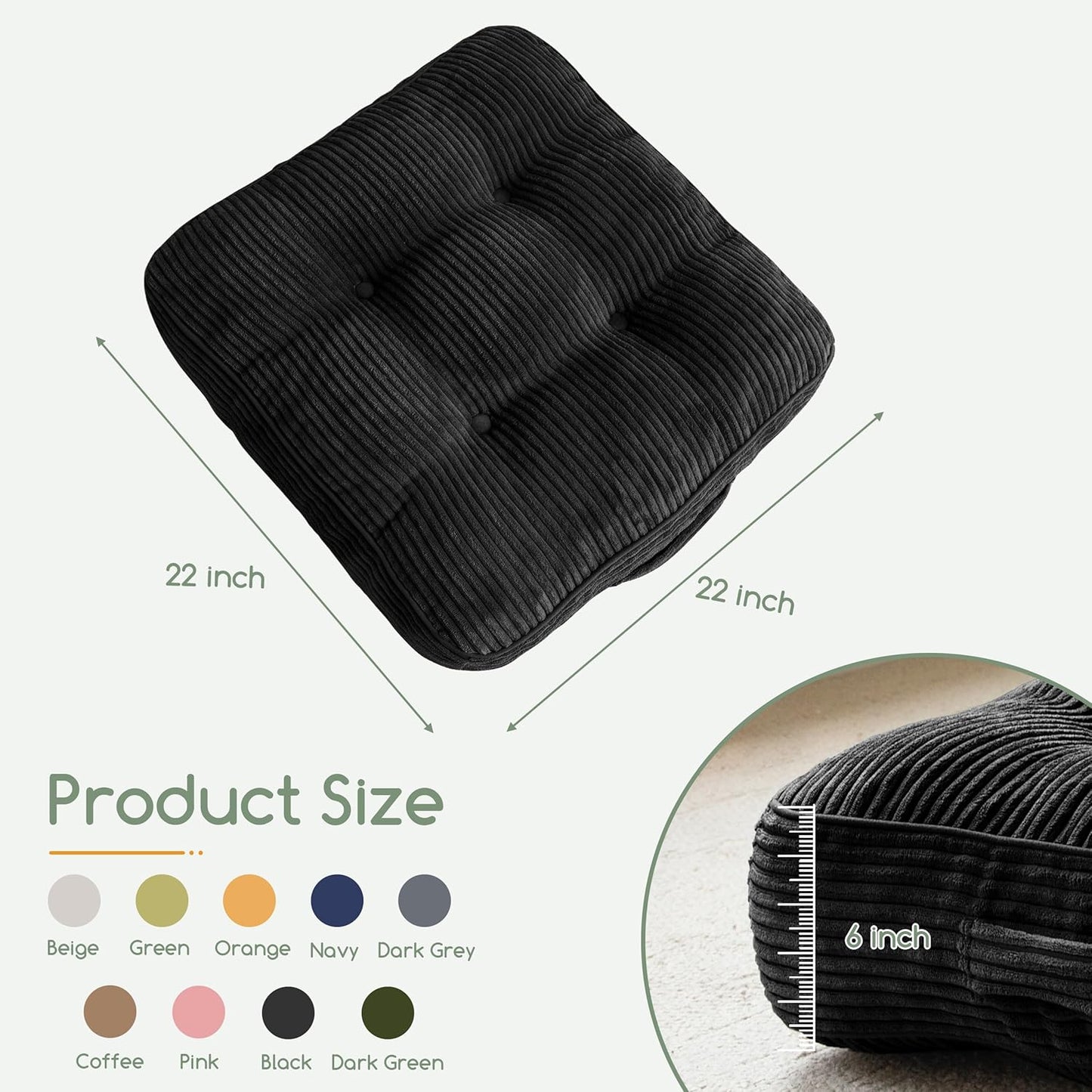 HIGOGOGO Floor Pillow Cushion for Adults, Meditation Cushion Pillow, Large Square Floor Sitting, Tufted Corduroy Cover, for Tatami Living Room or Yoga, 22x22 Inch, Dark Grey