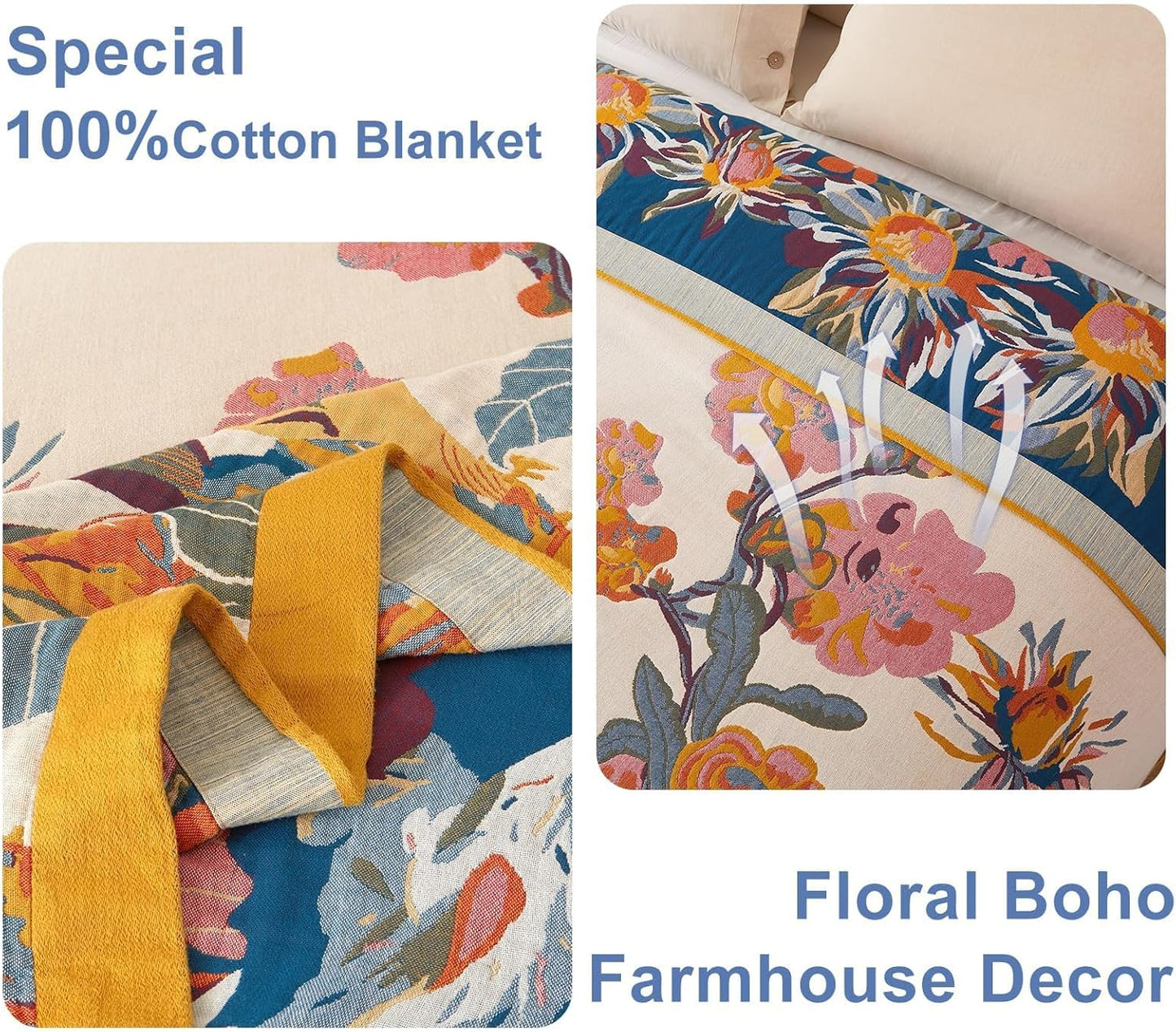 Boho Throw Blanket - 100% Cotton Soft Summer Throw Blanket for Bed, 50"x60" Reversible Breathable Lightweight Blankets, All Seasons Farmhouse Decor Floral Plant Butterfly Throw Quilt
