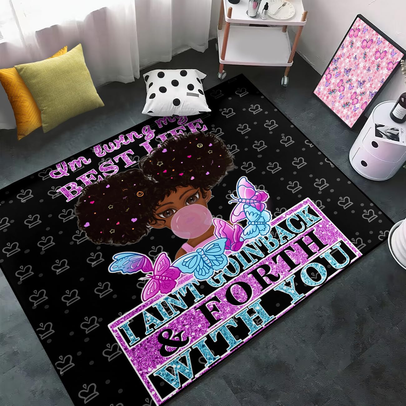 Black Girl Area Rug for Bedroom African Black Girls Floor Rugs for Living Room Playroom Cartoon Art Home Decor Soft Yoga Mats for Women Afro Purple 47" x 31" (2.7 x 3 Feet)