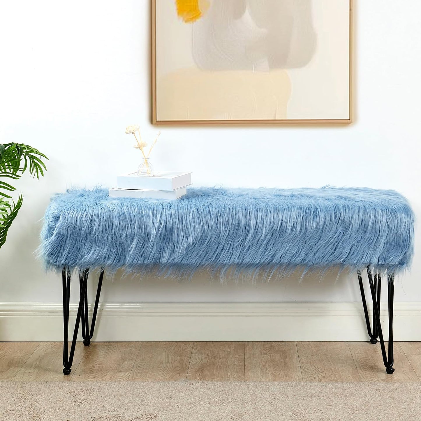 Home Soft Things Green Mongolian Faux Fur Ottoman, Desert Sage, 19'' x 13'' x 17'', Cozy Plush Fluffy Ottoman Foot Rest Stool for Living Room Bedroom Entryway Makeup Bench End of Bed Home Décor