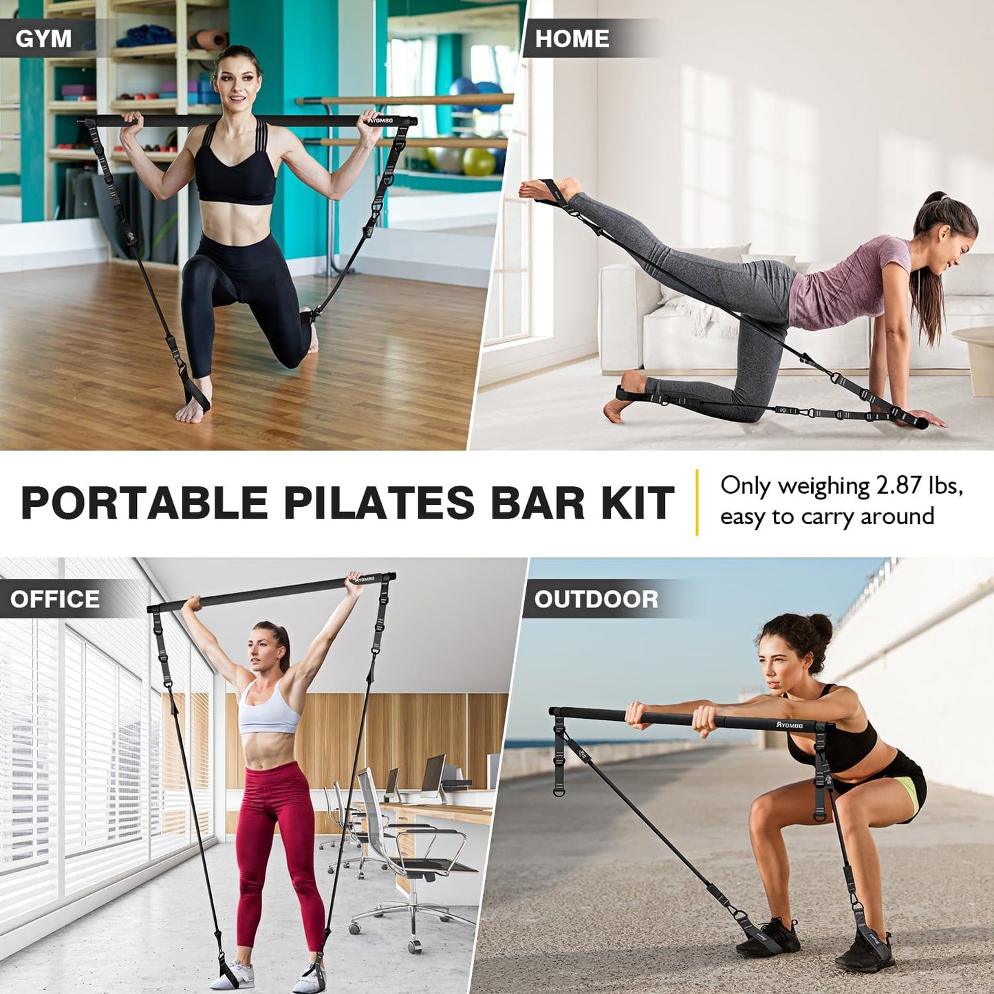 Ayombo Pilates Bar Kit with Resistance Bands, Pilates Workout Equipment for Legs, Hip, Waist, Arm, Squats Exercise Equipment for Home Workouts, Adjustable 3-Section Pilates Bar Kit for Women & Men