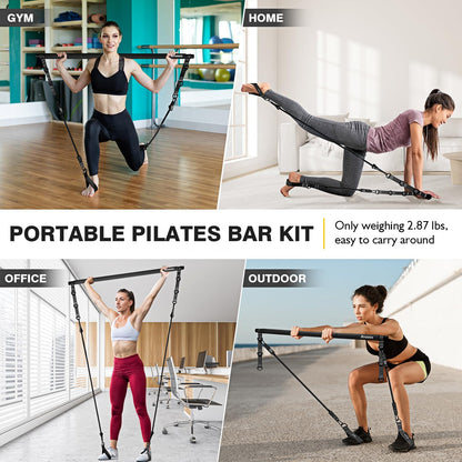 Ayombo Pilates Bar Kit with Resistance Bands, Pilates Workout Equipment for Legs, Hip, Waist, Arm, Squats Exercise Equipment for Home Workouts, Adjustable 3-Section Pilates Bar Kit for Women & Men