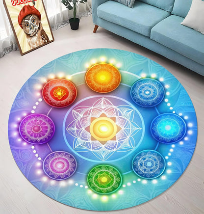 Chakra Round Area Rug, Non-Slip Meditation & Yoga Carpet for Living Room, Meditation Round Area Rugs, Modern Circular Bedroom Rug 57