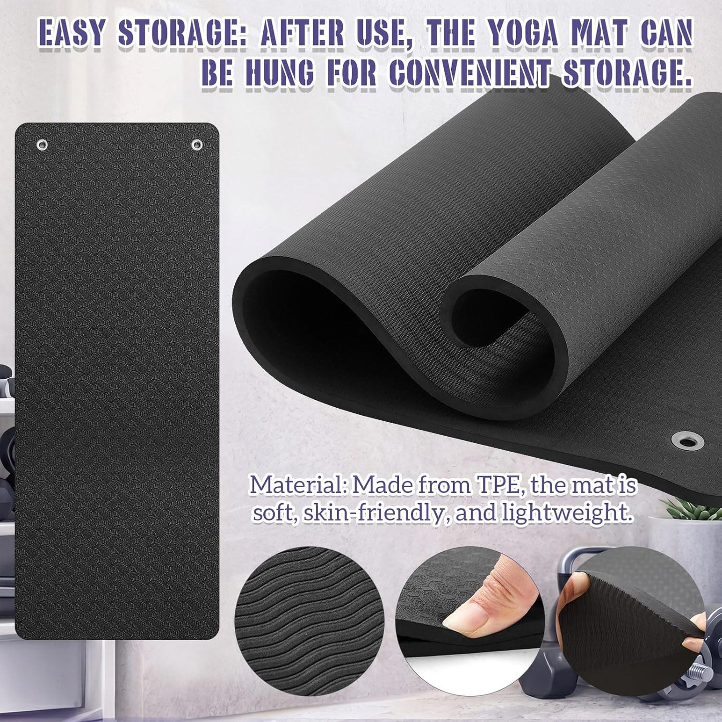 Briwooody Hanging Yoga Mat, Exercise Mat Non Slip Thick for Women and Men, Tear-resistant Fitness Pad with Reinforced Holes for Home Gym, Yoga, Pilates,stretching