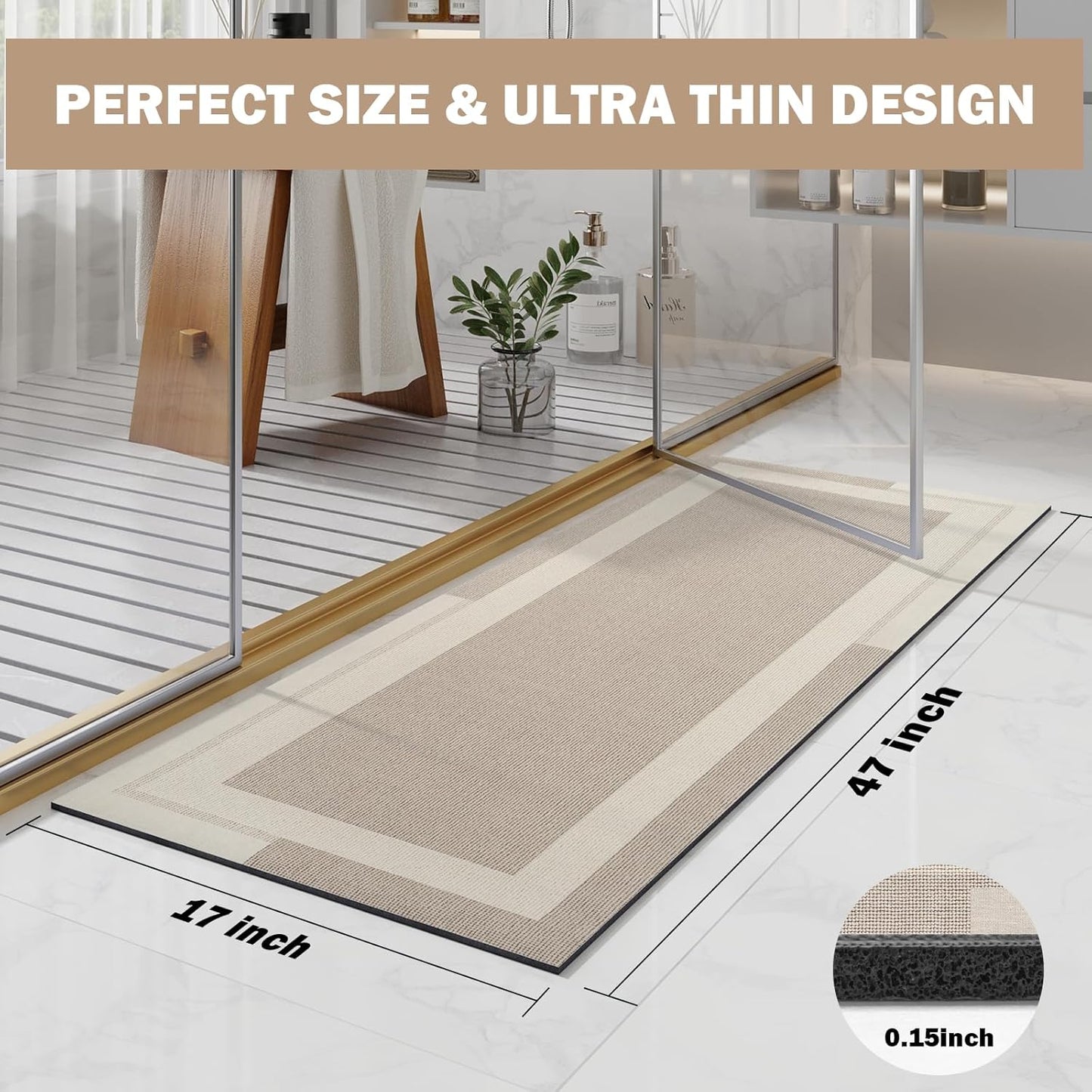 YDKGL Non Slip Long Bath Mat Bathroom Runner, Rubber Backing Ultra Thin Bathroom Rugs Fit Under Door Quick Dry Super Absorbent Washable Bath Rug Shower Mat for Bathtub Sink Floor, Dark Gray 17"x47"