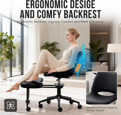 GAOMON Ergonomic Cross Legged Chair with High Lumbar Support, 360° Swivel Meditation Chair with Wheels - Adjustable Height for ADHD Desk & Yoga, PU Leather Yoga Stool for Home, Black