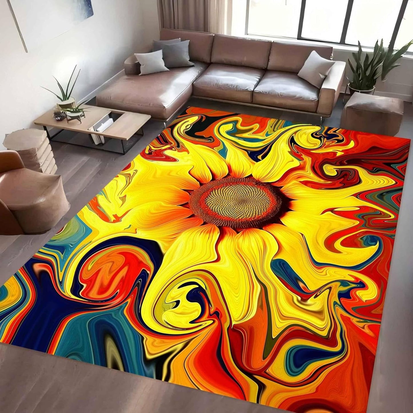 You are My Sunshine Sunflower Area Rug 6x8ft Beautiful Bee Butterfly Rug Indoor Low Pile Non-Shedding Carpet for Contemporary Retro Living Room Bedroom Yoga Mat Washable Non-Slip Rugs
