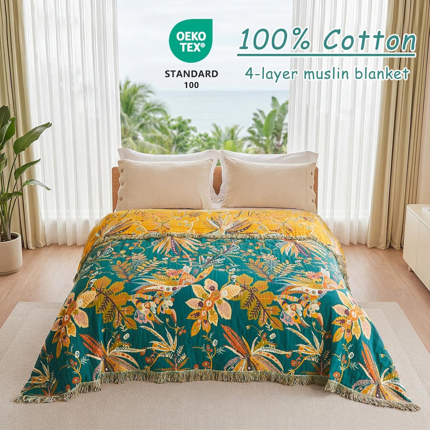 Boho Throw Blanket - 100% Cotton Soft Summer Throw Blanket for Bed, 50"x60" Reversible Breathable Lightweight Blankets, All Seasons Farmhouse Decor Floral Plant Butterfly Throw Quilt