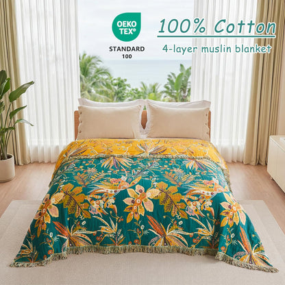Boho Throw Blanket - 100% Cotton Soft Summer Throw Blanket for Bed, 50"x60" Reversible Breathable Lightweight Blankets, All Seasons Farmhouse Decor Floral Plant Butterfly Throw Quilt