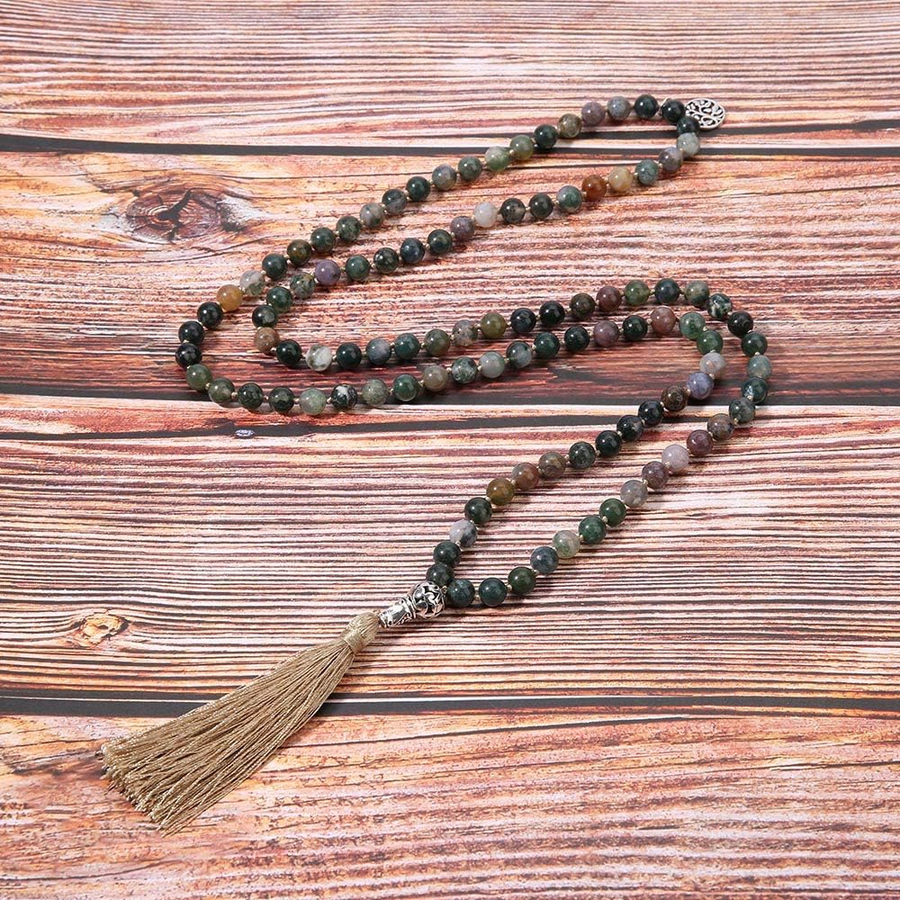 108 Mala Beads Necklace Semi-Precious Gem Stones Meditation Necklace 108 Hand Knotted Japa Mala Beaded Tassel Necklace with Tree of Life Pendant