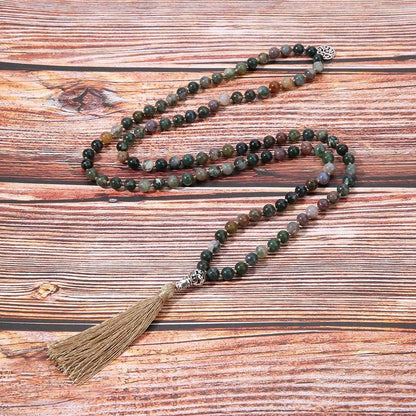 108 Mala Beads Necklace Semi-Precious Gem Stones Meditation Necklace 108 Hand Knotted Japa Mala Beaded Tassel Necklace with Tree of Life Pendant