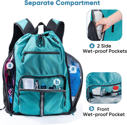 Large Beach Backpack Waterproof Sandproof - Customized Oversized Drawstring Pool Bag with Shoe Compartment for Toiletries, Towels, Gym, Travel