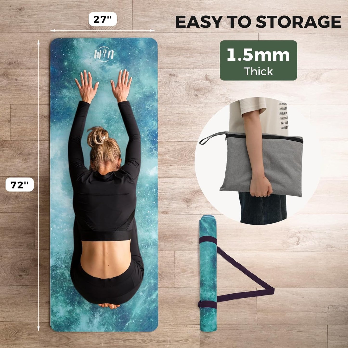U&M 72'' x 27'' Travel Yoga Mat 1.5mm Thick - Foldable Non-Slip Natural Rubber Base & Suede Mat, Sweat-resistant Antibacterial Light Yoga Mat Material Cover for Women Men, Suitable for Beach Pilates Fitness