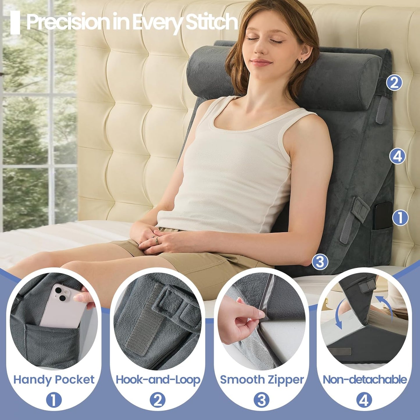 Sasttie Wedge Pillow Set for After Surgery, 2PCS Adjustable Bed Wedge Pillow Headboard with Memory Foam Neck Cushion – for Acid Reflux, Sleeping, Neck & Back Support, Dark Grey