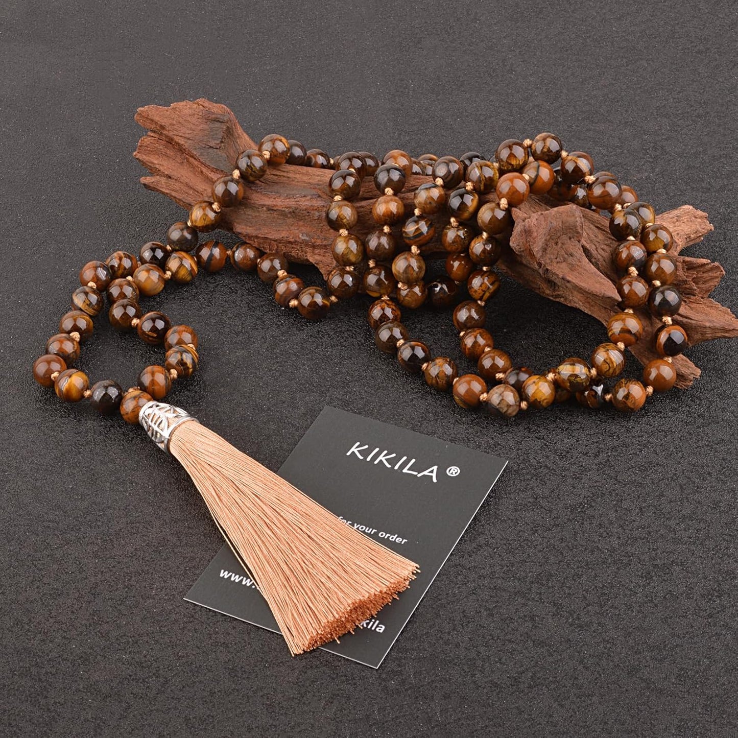 KIKILA Mala Beads 108 Natural Stone GemStones Japamala Yoga Meditation Hand Knotted Beaded Tassel Necklace for Women Men