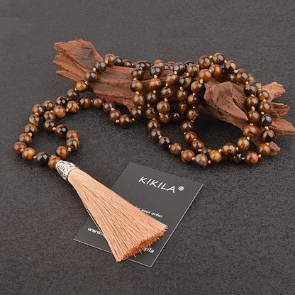 KIKILA Mala Beads 108 Natural Stone GemStones Japamala Yoga Meditation Hand Knotted Beaded Tassel Necklace for Women Men