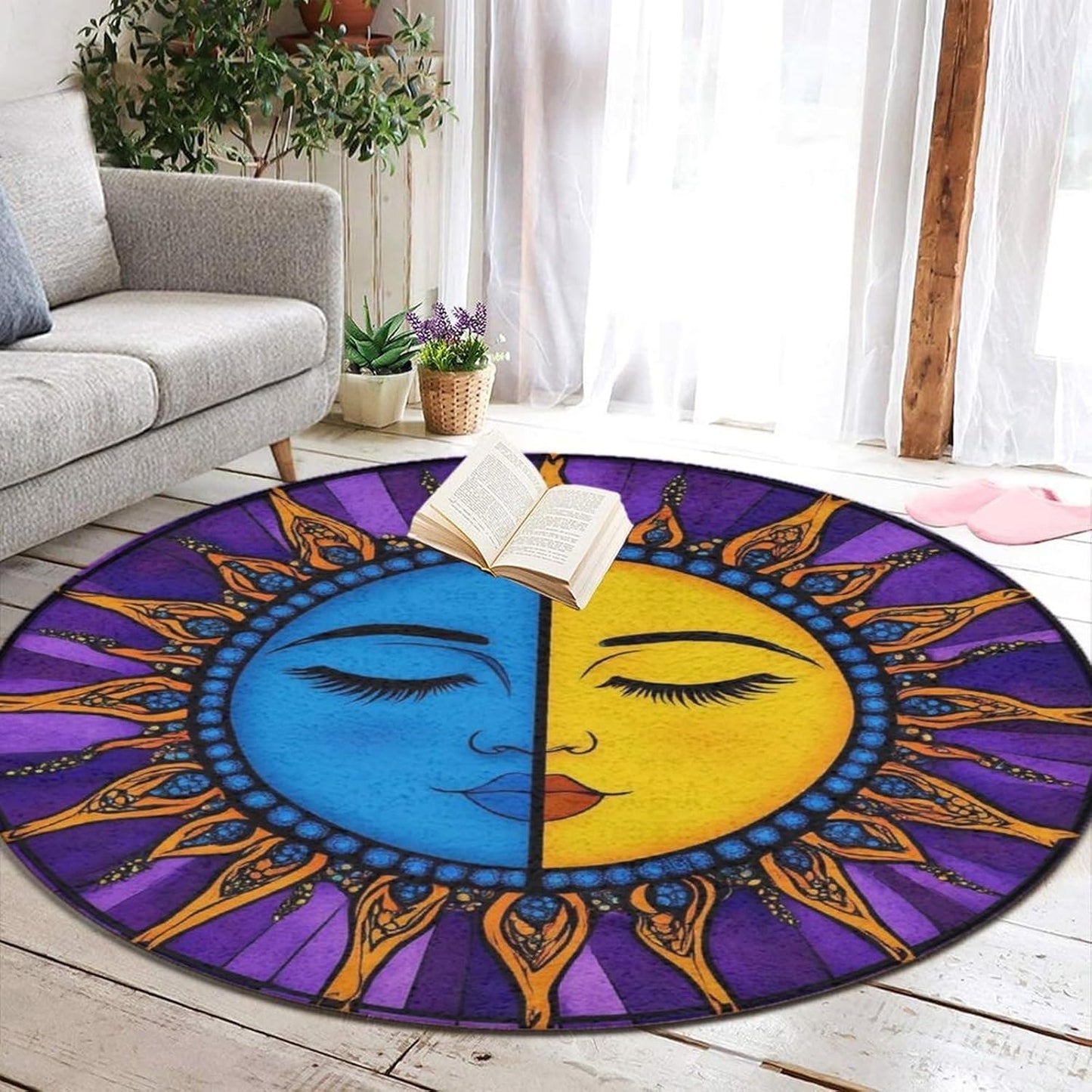 Machine Washable Modern Round Area Rug, Room Sofa Yoga Soft Round Carpet, Home Decor Non Slip Kitchen Office Circle Rug Union Jack Flag UK Mandala Art, 60inch