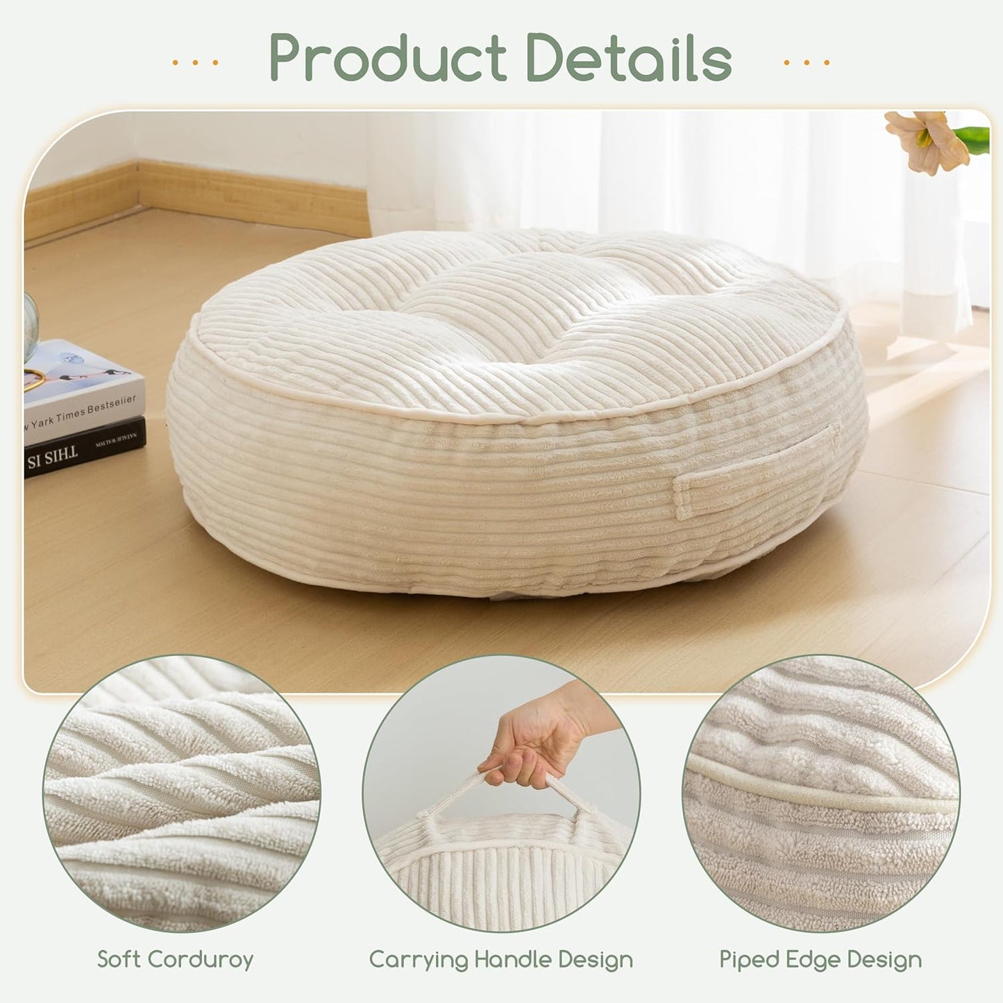 HIGOGOGO Floor Pillow Cushion for Adults, Meditation Cushion Pillow, Large Square Floor Sitting, Tufted Corduroy Cover, for Tatami Living Room or Yoga, 22x22 Inch, Dark Grey