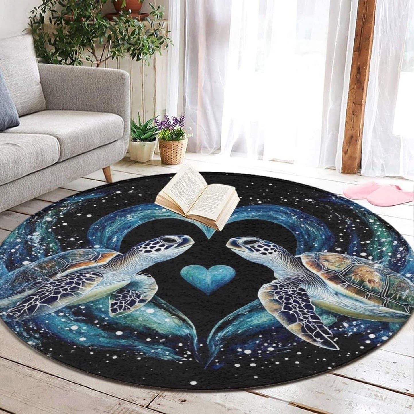 Room Sofa Yoga Soft Round Carpet, Home Decor Non Slip Kitchen Office Circle Rug, Machine Washable Modern Round Area Rug Beach Turtles, 60inch