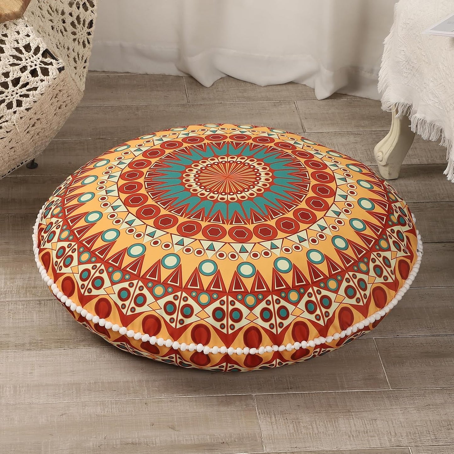 LOVMOC 32 Inch Round Floor Pillow for Adults, Large Thick Memory Foam Boho Mandala Meditation Floor Seating Cushion, Machine Washable for Living Room Outdoor Yoga Floor Sitting, Navy Blue