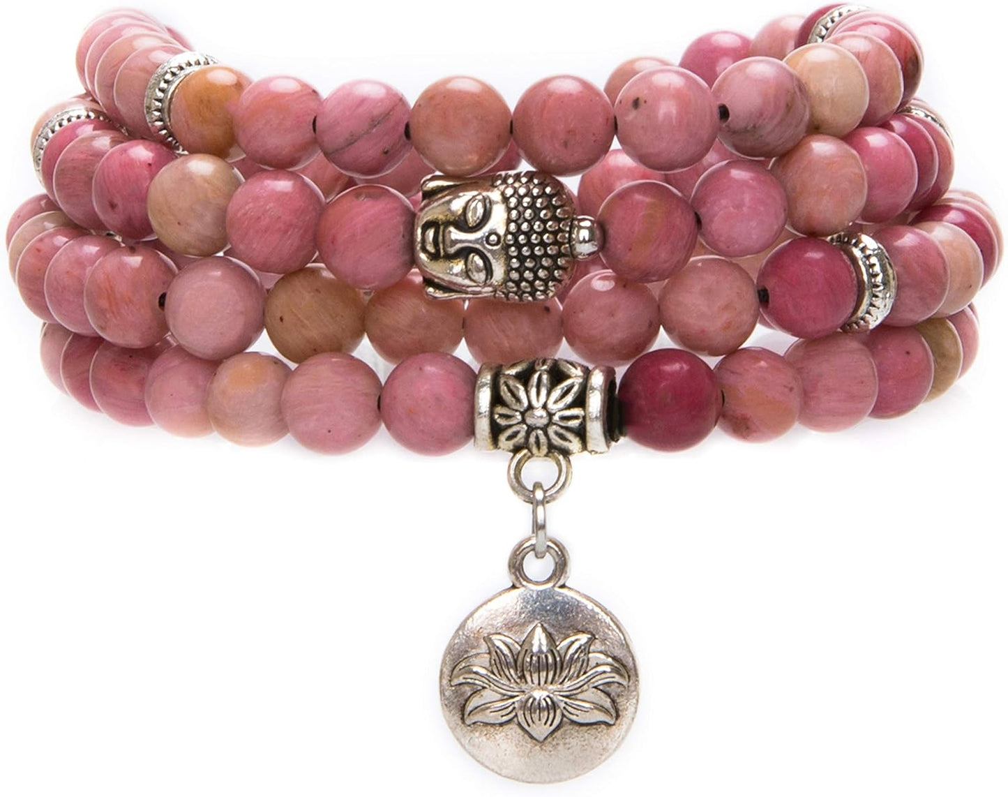 Bivei 108 Mala Beads Necklace Long Beaded Wrap Bracelets Genuine Gemstone Mala Prayer Beads Lotus Buddha Charm Yoga Meditation Necklace