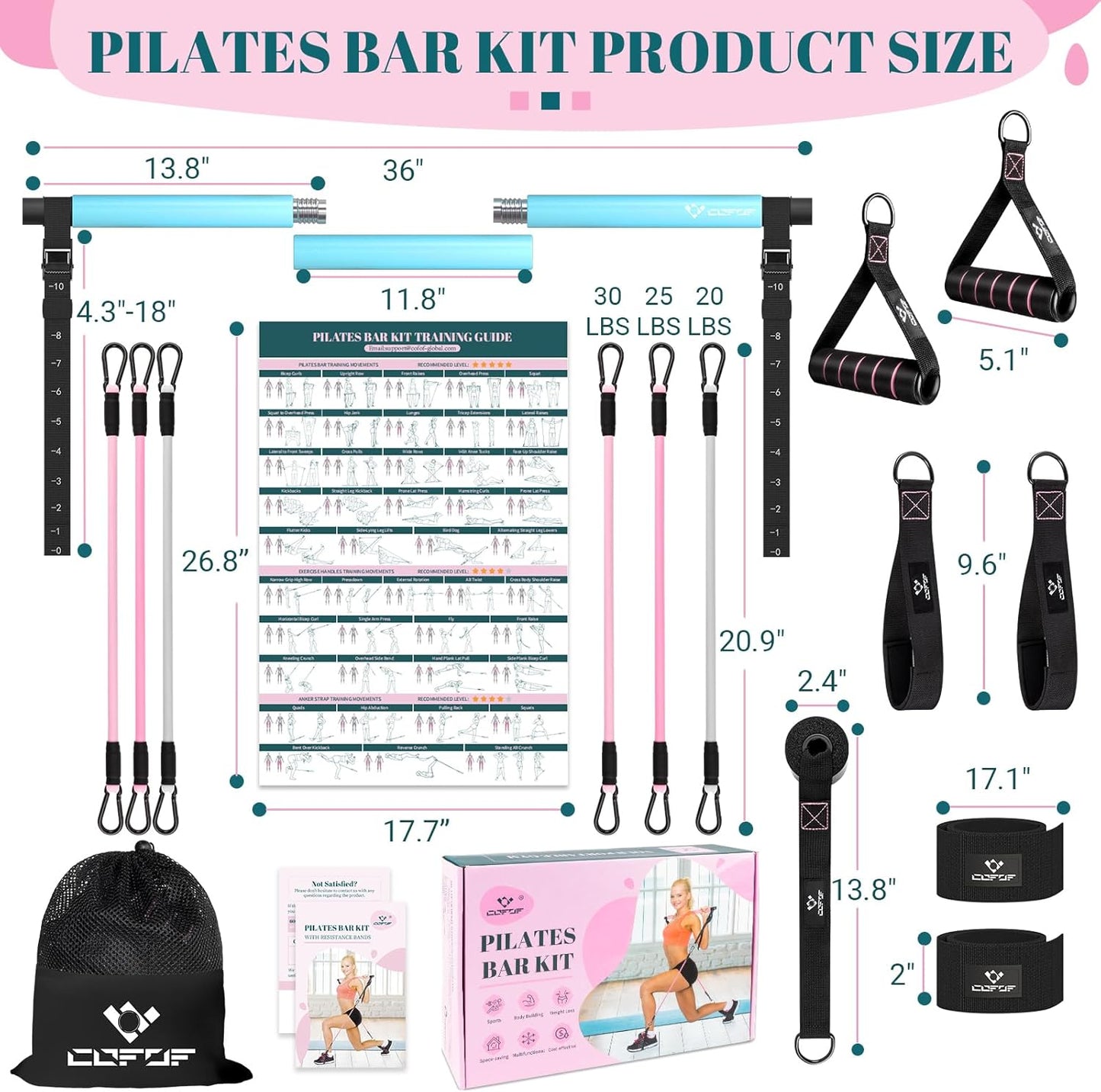 COFOF Pilates Bar Kit with Resistance Bands, Multifunctional Yoga Pilates Bar with Heavy-Duty Metal Adjustment Buckle, Portable Home Gym Pilates Resistance Bar Kit for Women Full Body Workouts
