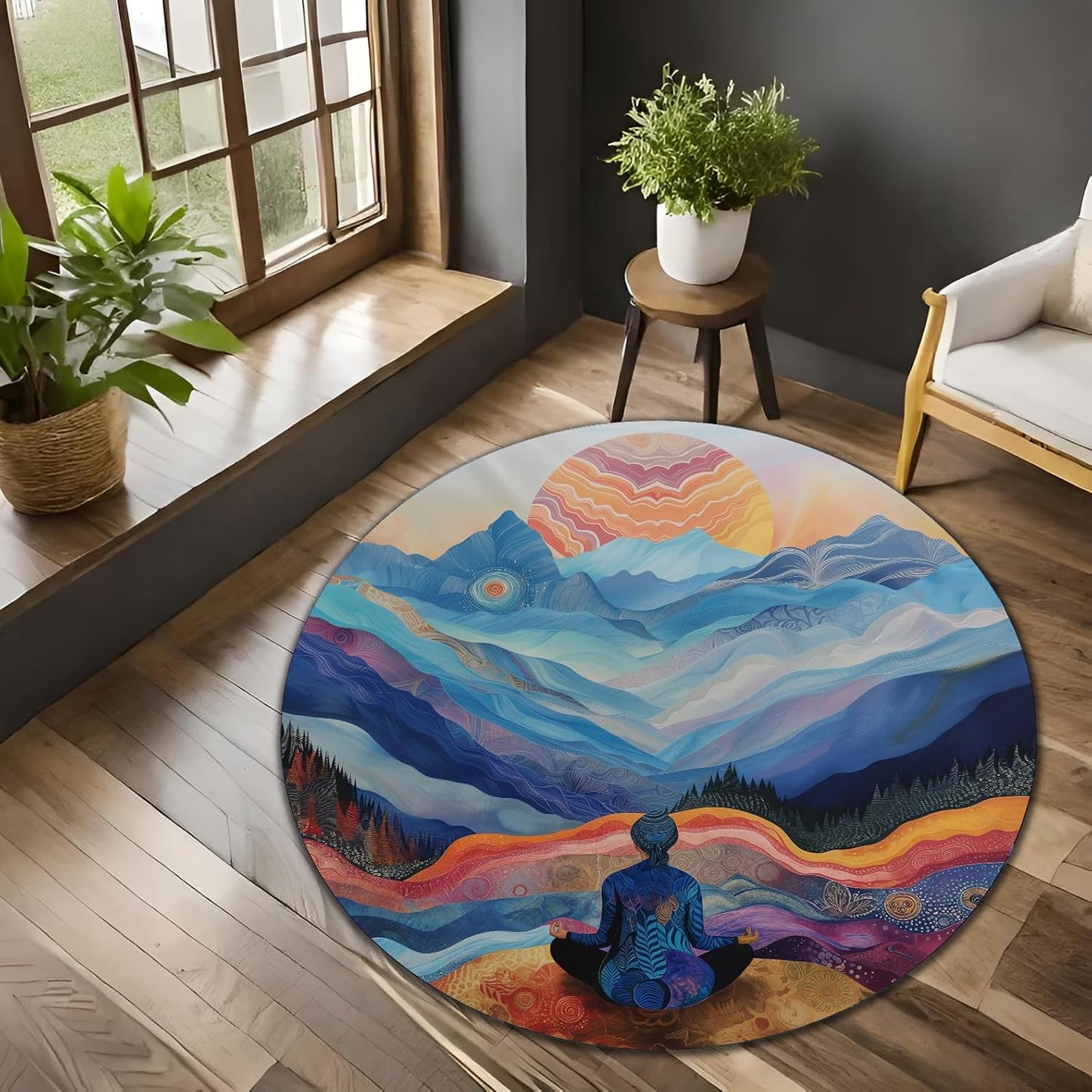 Chakra Round Area Rug, Non-Slip Meditation & Yoga Carpet for Living Room, Meditation Round Area Rugs, Modern Circular Bedroom Rug 57