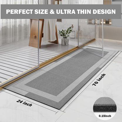 YDKGL Non Slip Long Bath Mat Bathroom Runner, Rubber Backing Ultra Thin Bathroom Rugs Fit Under Door Quick Dry Super Absorbent Washable Bath Rug Shower Mat for Bathtub Sink Floor, Dark Gray 17"x47"