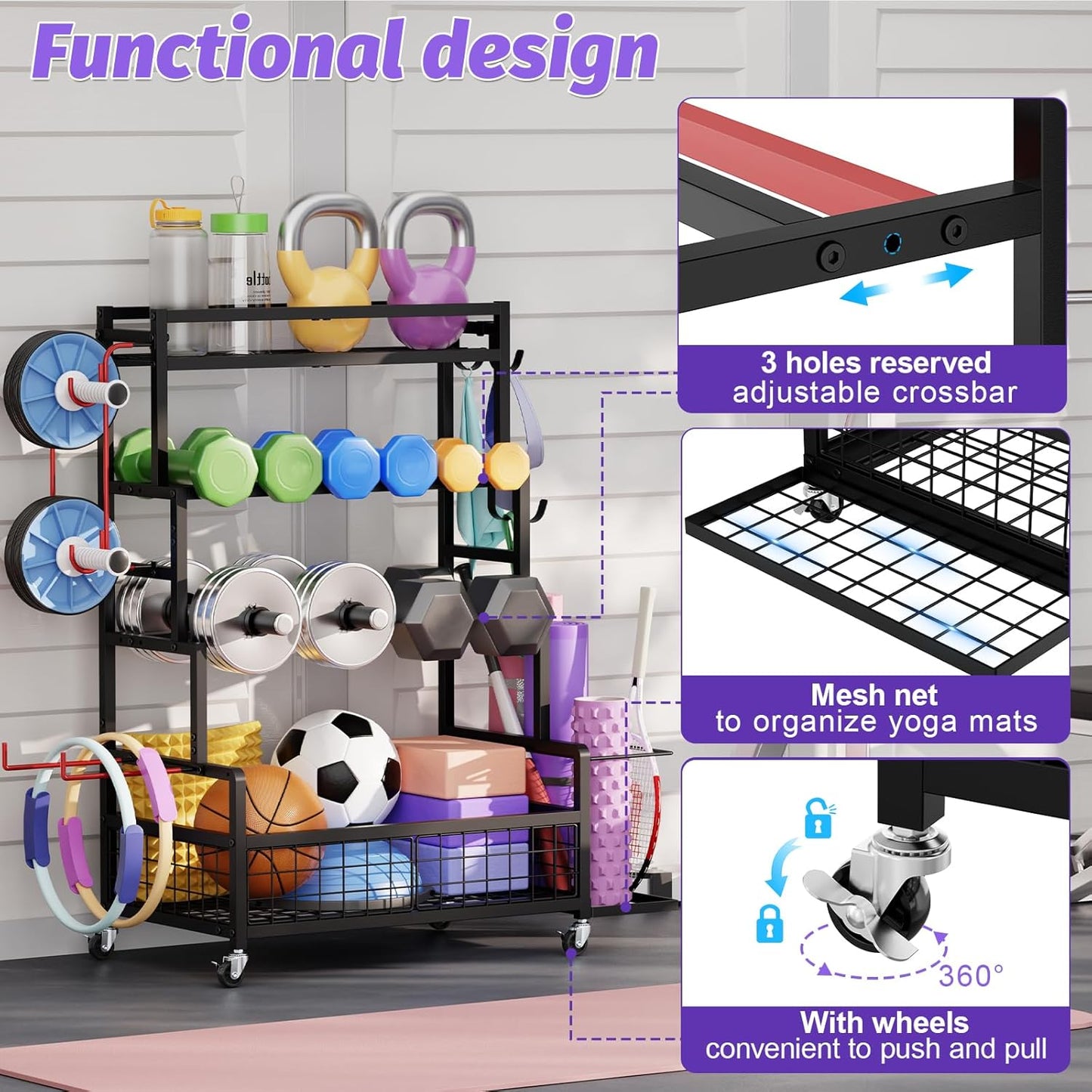 Dumbbell Rack,Home Gym Storage Rack,Total Weight Capacity 490 lbs,Weight Rack with Wheels/Strength Training Equipment Storage Rack with Hooks,Stores Dumbbells,Kettlebells,Yoga Mats