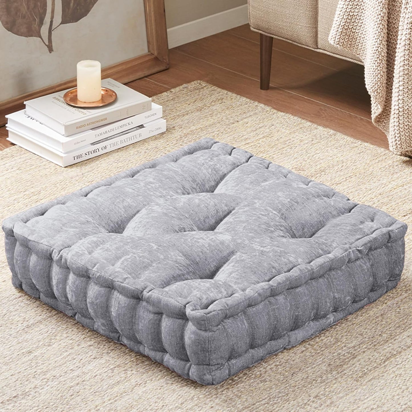 Intelligent Design Large Floor Pillow for Adults Yoga or Meditation Cushion with Handle, Floor Cushion for Board Games, Lustrous Chenille Tufted, Handsewn Scalloped Edge, Azza, 24" x 24" x 5" Yellow