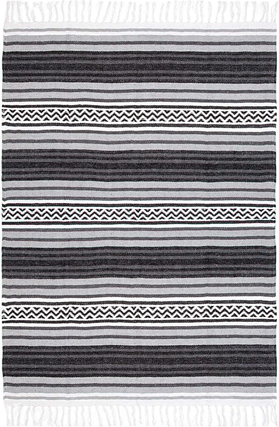 Americanflat 50x70 Authentic Mexican Throw Blanket - Falsa Blanket - Soft Cotton Throw Blankets for Indoor or Outdoor - Use for Yoga, Meditation, or Beach - Grey Stripes