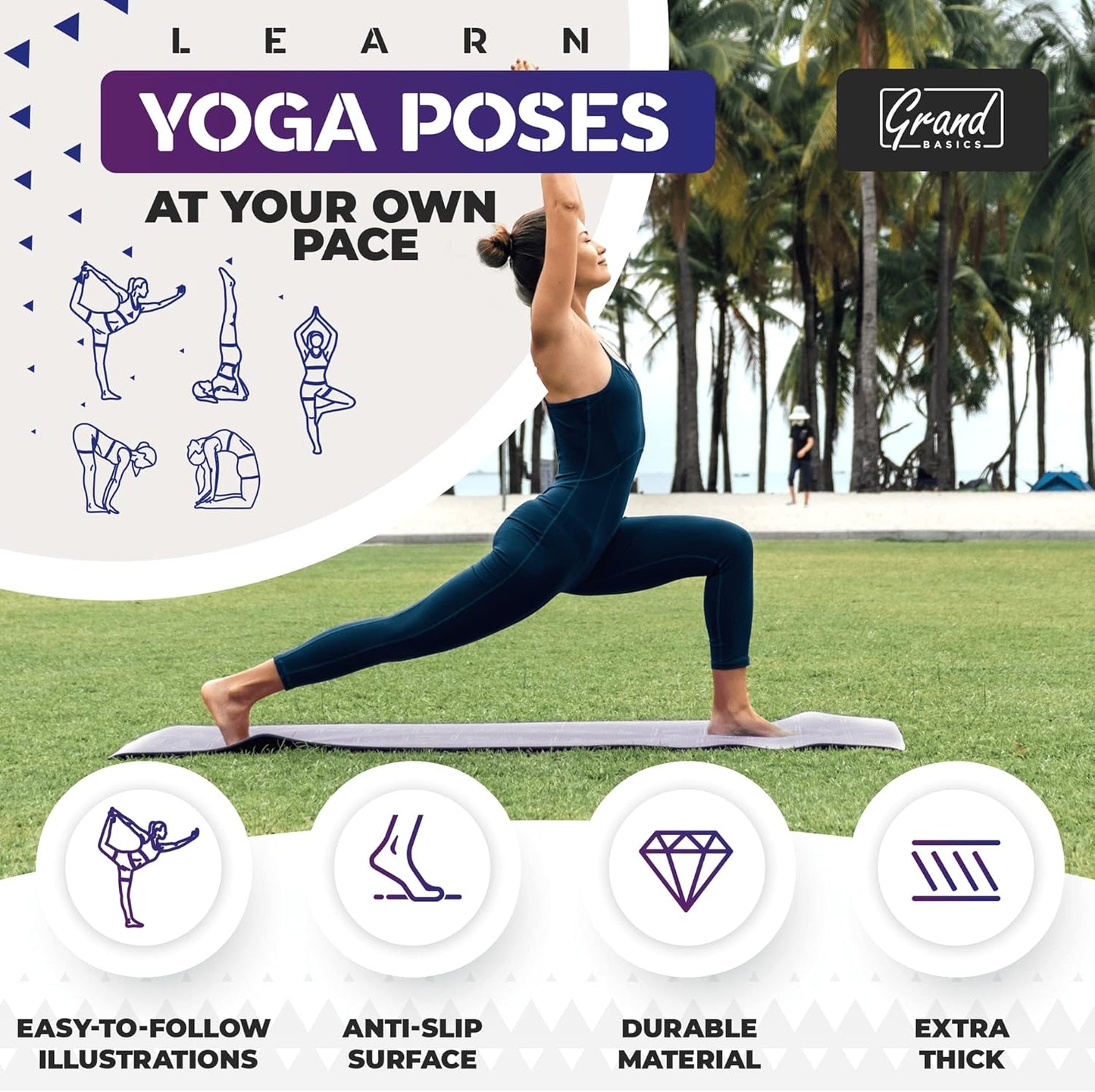Instructional Yoga Mat with Carrying Strap: Cute Yoga Mat with 75 Illustrated Yoga Poses + 75 Easily-Followed Stretching Exercises - 1/4” Thick, Non-Toxic, Non-Slip Yoga Mats for Women and Men