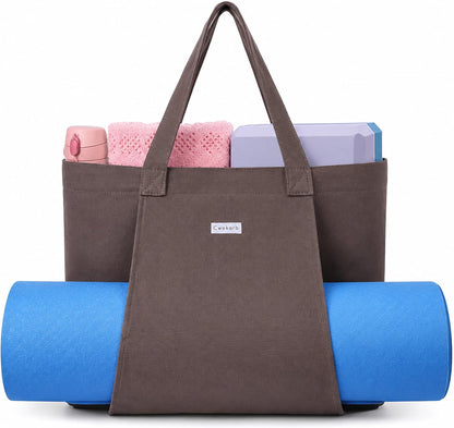 Yoga Mat Bag for Women, 100% Cotton Canvas Tote with Wet/Dry Pocket, Bottle Holder and Inner Zipper Pocket, 25L Carrier for Pilates and Travel