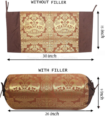 Ethnic Living Room Decorative Bolster Tube Pillow Covers Cylindrical Brown Yoga Couch Round Cushion Cover Silk Double Elephant Throw Pillow Case 30x15 inch (76x38cm) - 2 Pc.