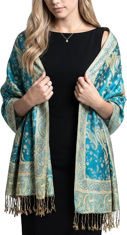 Achillea Reversible Paisley Pashmina Rave Scarf – Exotic Indian Shawls and Wraps for Evening Dresses, Festivals, All Seasons - Colors A