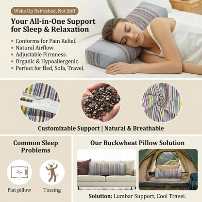 Adjustable Buckwheat Hull Pillow for Neck Pain Relief (21x8x4in) Natural Cooling Cervical Support Organic Pillow for Side & Back Sleepers with Night Sweats (Grey)