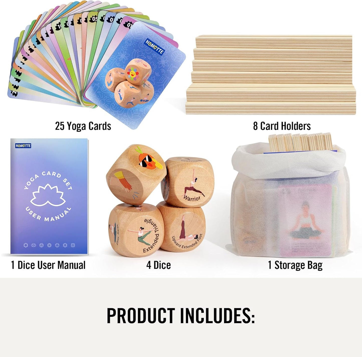 Homotte Yoga Cards and Wooden Yoga Dice Set for Beginners, Kids Yoga Accessories Pose Workout Kit with 4 Dice, 8 Card Holder, Gift for Women