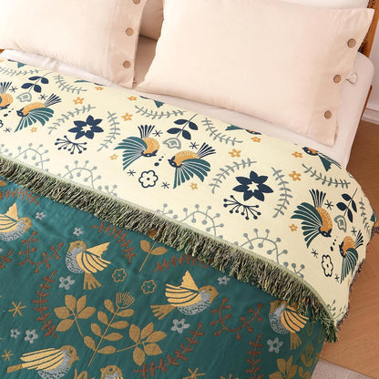 Boho Throw Blanket - 100% Cotton Soft Summer Throw Blanket for Bed, 50"x60" Reversible Breathable Lightweight Blankets, All Seasons Farmhouse Decor Floral Plant Butterfly Throw Quilt