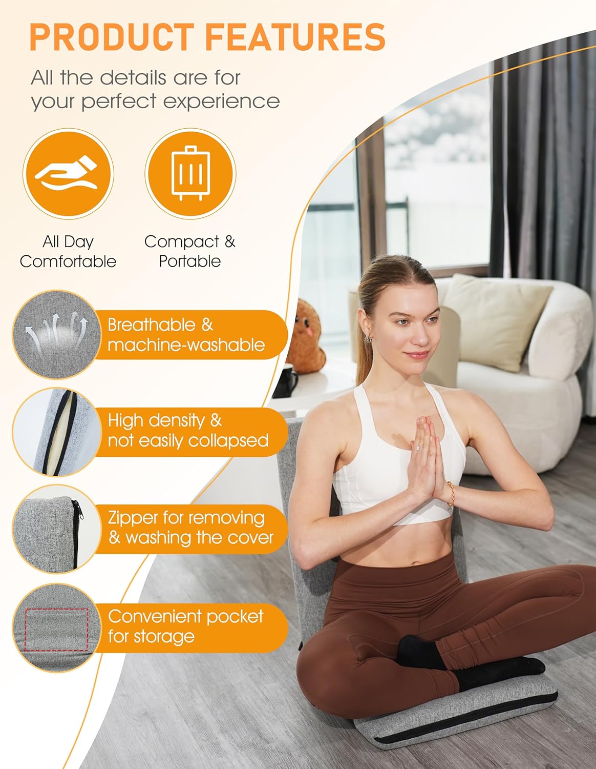 Floor Chair with Back Support 14-Position Adjustable Floor Chair Portable Ground Seating for Adults & Kids Foldable Meditation Seat with Japanese KOYO Bearings & Washable Linen Cover (Coffee)