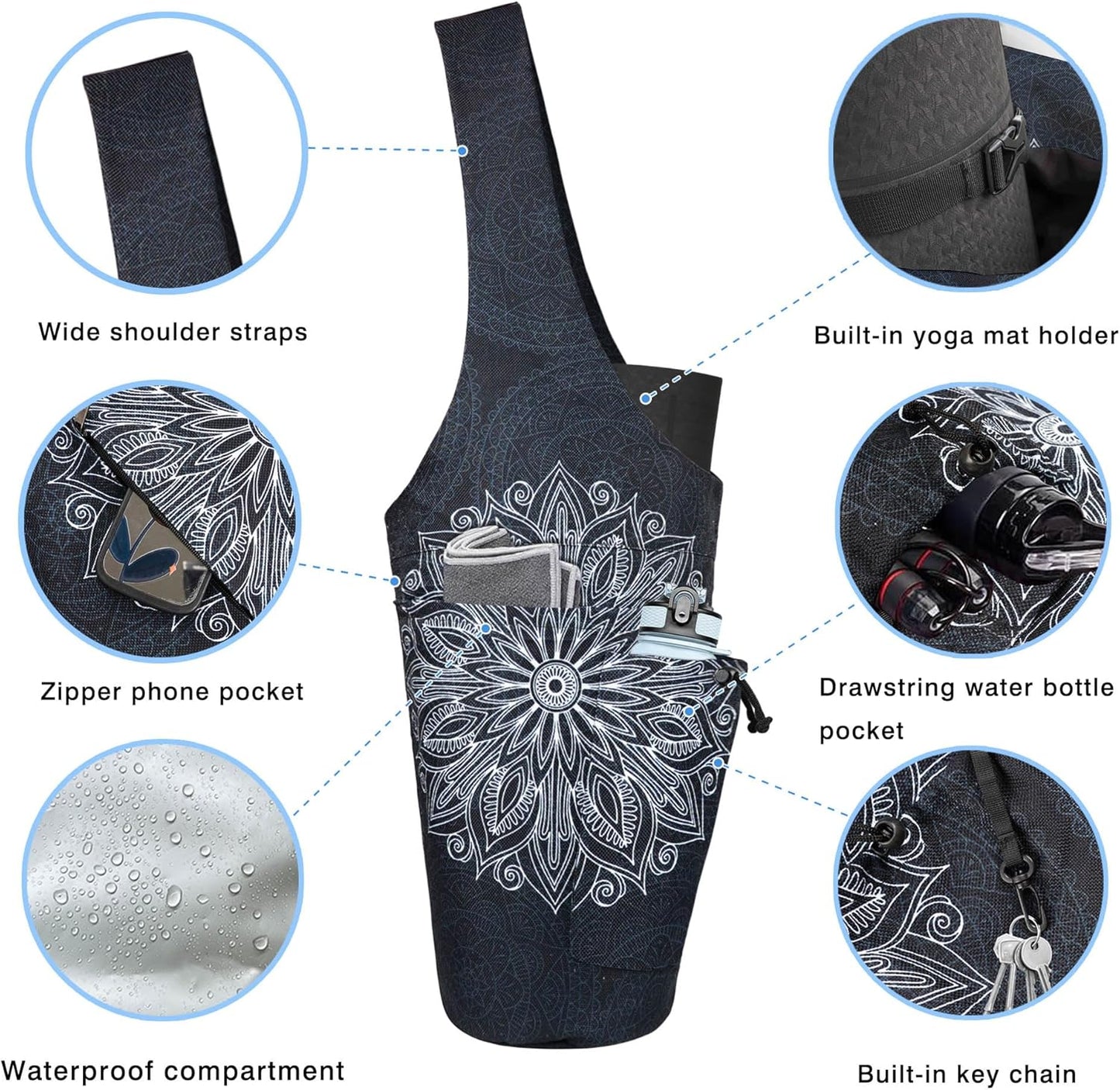 Yoga Mat Bag - Large Opening Long Tote Yoga Mat Carrier Holder Bag with Waterproof Wet Zipper Pocket and Drawstring Water Bottle Pocket - Yoga Bag Fit Most Size Mats