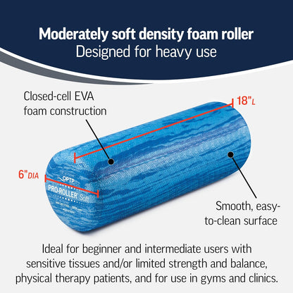 OPTP PRO-Roller Soft Density Foam Roller – Low Density Soft Foam Roller for Physical Therapy, Pilates, Yoga Foam Roll Exercises, and Muscle Recovery - Blue 18" x 6"