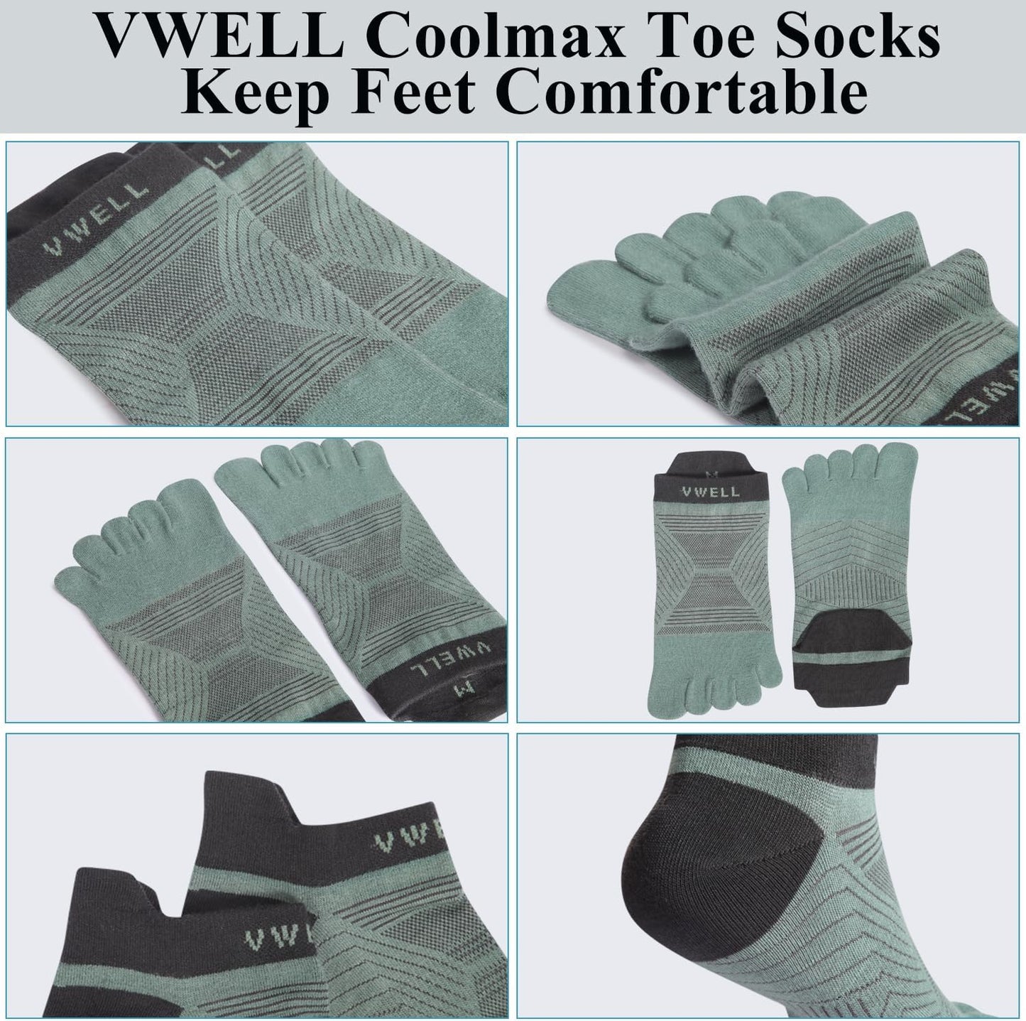 VWELL Toe Socks for Men/Women, COOLMAX Five Finger Socks, High Performance Athletic Toe Socks No Show (3Pairs)