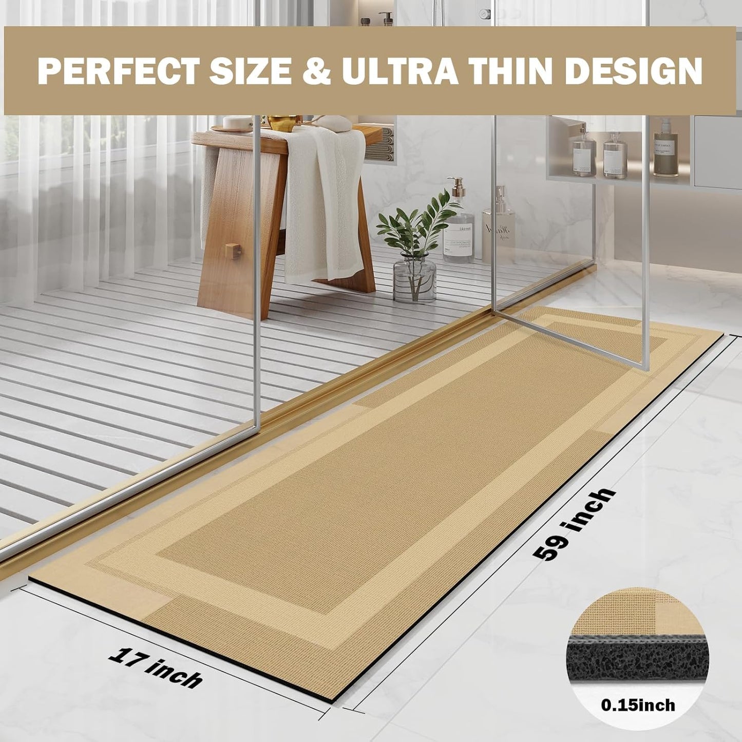 YDKGL Non Slip Long Bath Mat Bathroom Runner, Rubber Backing Ultra Thin Bathroom Rugs Fit Under Door Quick Dry Super Absorbent Washable Bath Rug Shower Mat for Bathtub Sink Floor, Dark Gray 17"x47"