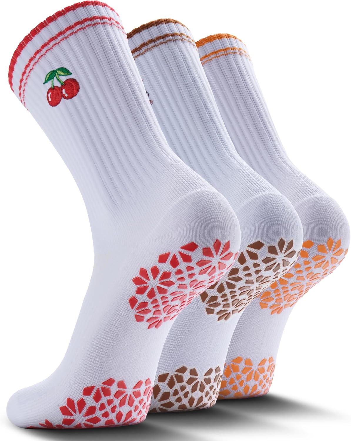 Pilates Grip Socks for Women - Embroidery Athletic Crew, Non-Skid Sticky Soles for Yoga, Barre, Workout & Hospital