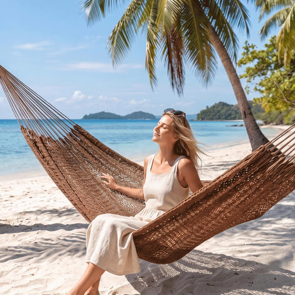 PNAEUT Handwoven Mayan Hammocks, Double Rope Hammock for Outdoor Outside & Indoor, Thick Soft 600 lbs Capacity Heavy-Duty, Includes Tree Straps, Carabiners & Carrying Bag (Nature, X-Large)
